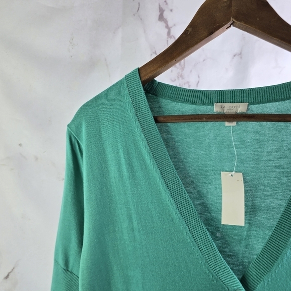 Talbots Cardigan Womens Large Green Short Sleeve Sweater Kelly Pockets - Picture 2 of 13